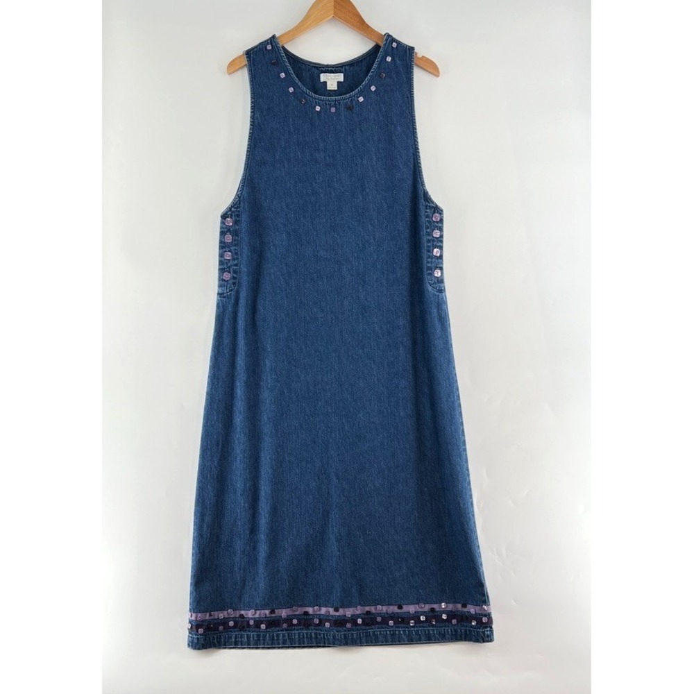 VTG Y2K Denim Jumper Dress M Beaded Embellished Midi Boho Teacher Retro Granola